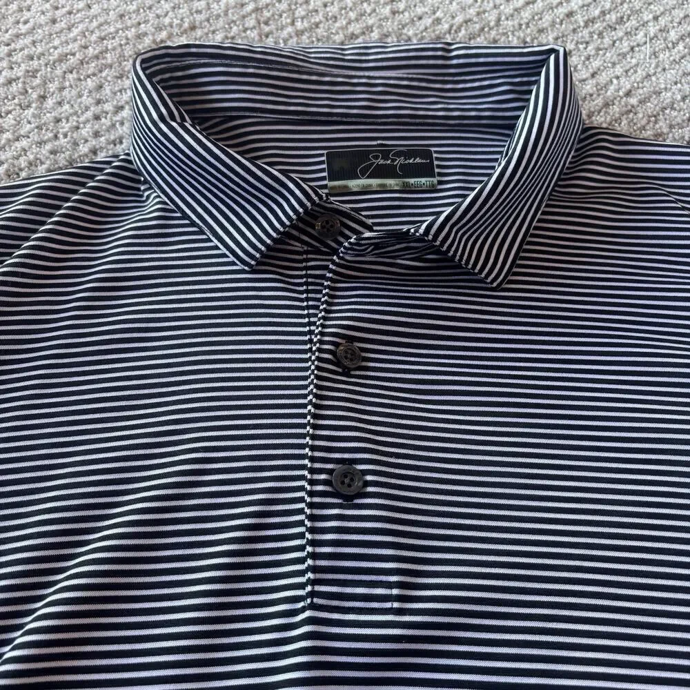 Jack Nicklaus Golf Polo Shirt Size XXL Casual White Black Striped Stretch Light